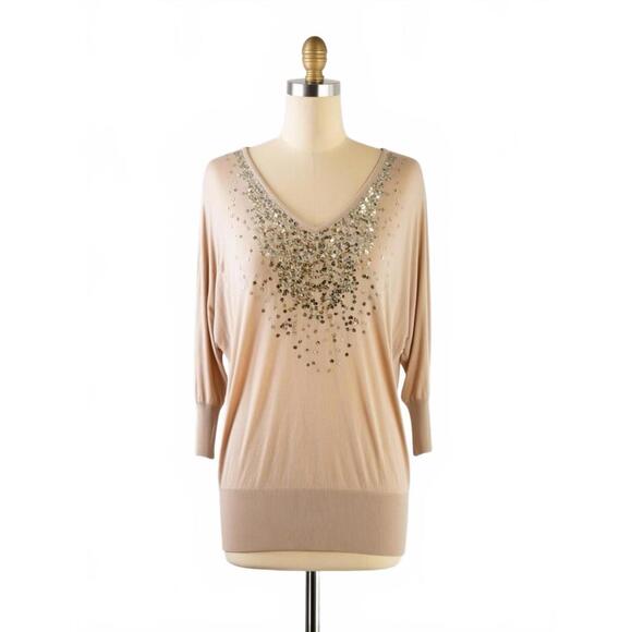 White House Black Market Sweaters - White House Black Market Beige V-Neck Sweater with Sequins L